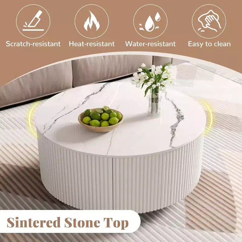 29.5 Modern Round Coffee Table with Storage Drawers and Hidden Casters, Sintered Stone Top Center Table for Living Room - Panipeachy