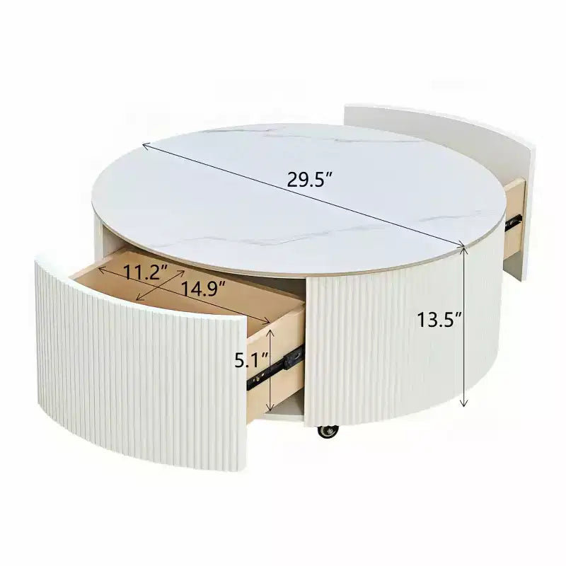 29.5 Modern Round Coffee Table with Storage Drawers and Hidden Casters, Sintered Stone Top Center Table for Living Room - Panipeachy