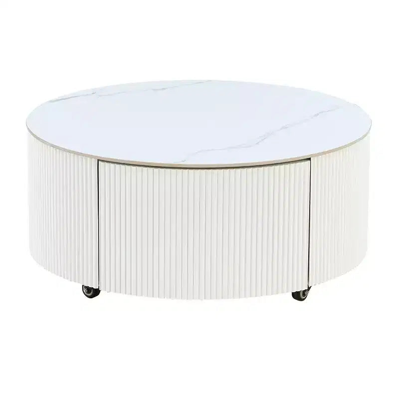 29.5 Modern Round Coffee Table with Storage Drawers and Hidden Casters, Sintered Stone Top Center Table for Living Room - Panipeachy