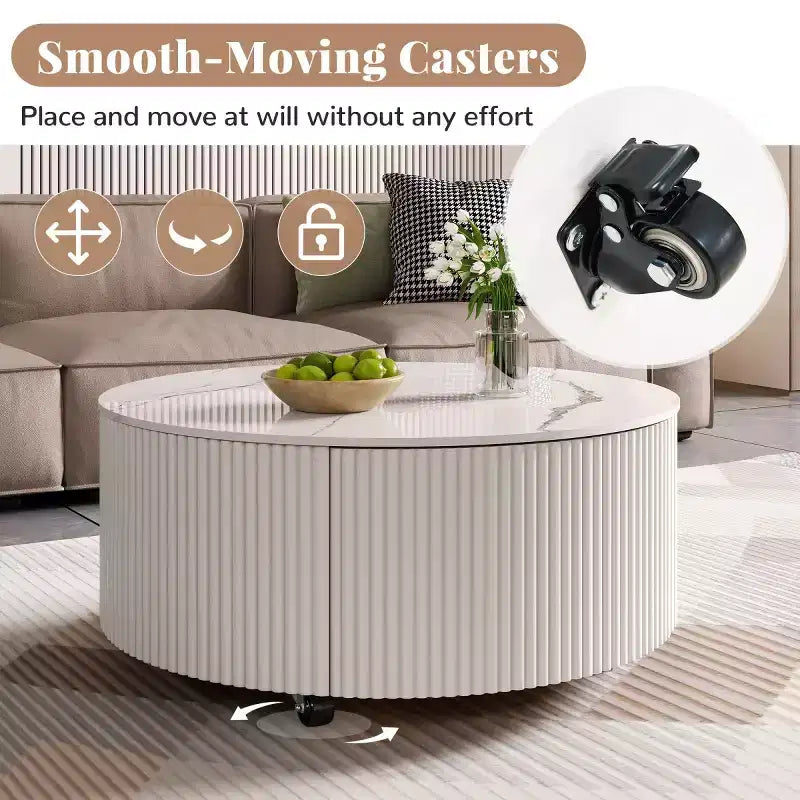 29.5 Modern Round Coffee Table with Storage Drawers and Hidden Casters, Sintered Stone Top Center Table for Living Room - Panipeachy