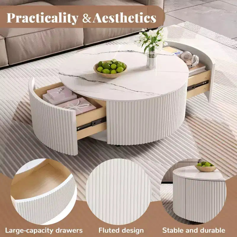 29.5 Modern Round Coffee Table with Storage Drawers and Hidden Casters, Sintered Stone Top Center Table for Living Room - Panipeachy