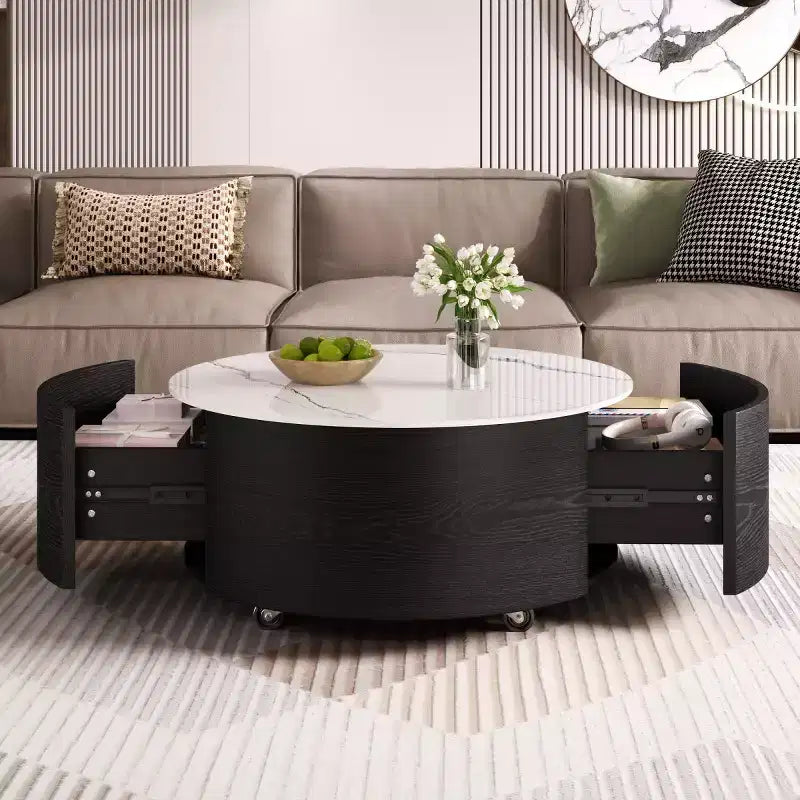 29.5 Modern Round Coffee Table with Storage Drawers and Hidden Casters, Sintered Stone Top Center Table for Living Room - Panipeachy