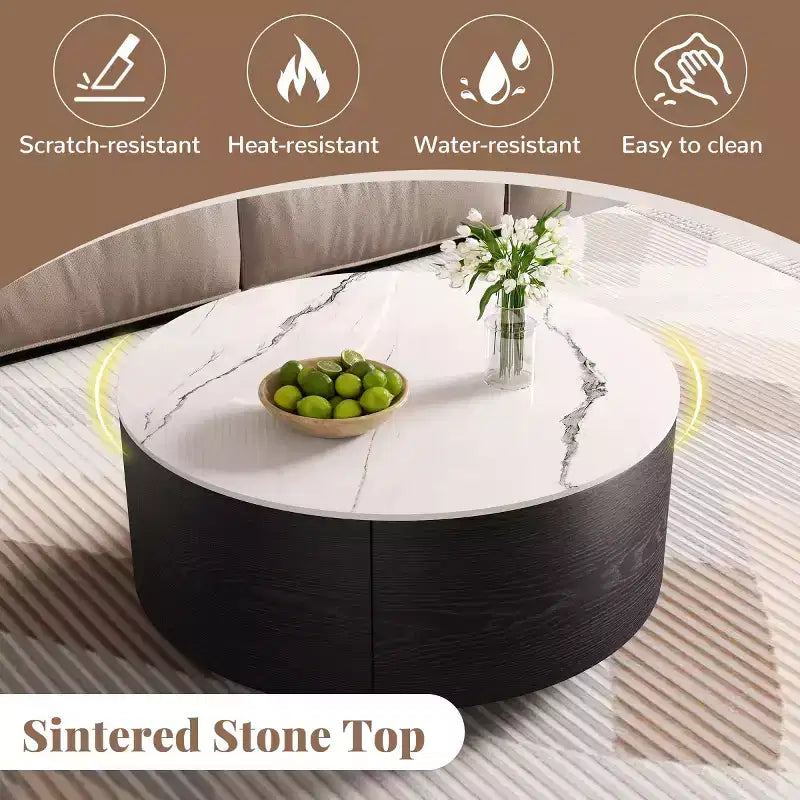 29.5 Modern Round Coffee Table with Storage Drawers and Hidden Casters, Sintered Stone Top Center Table for Living Room - Panipeachy