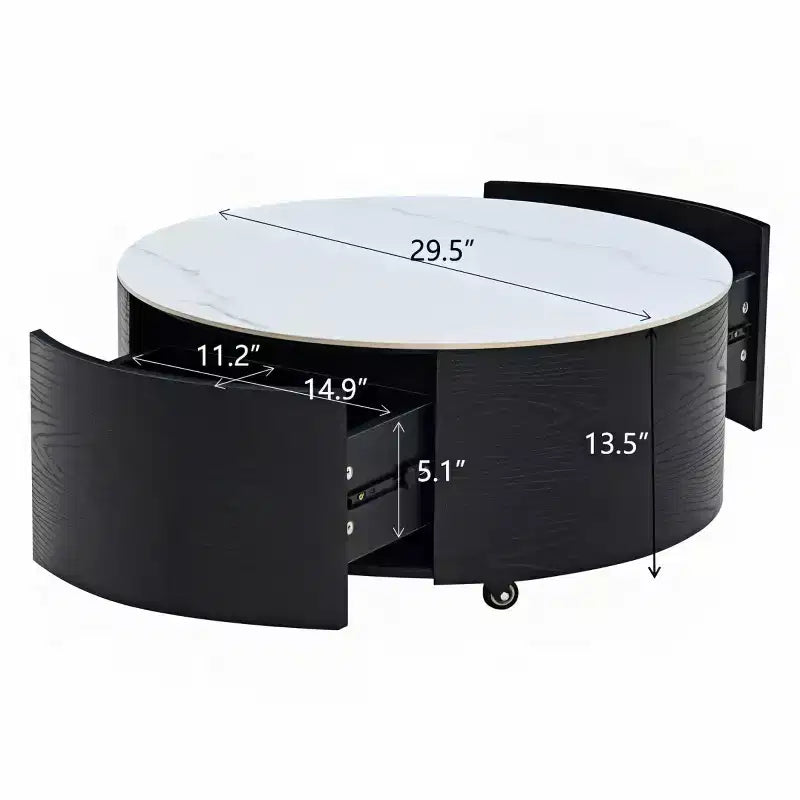 29.5 Modern Round Coffee Table with Storage Drawers and Hidden Casters, Sintered Stone Top Center Table for Living Room - Panipeachy