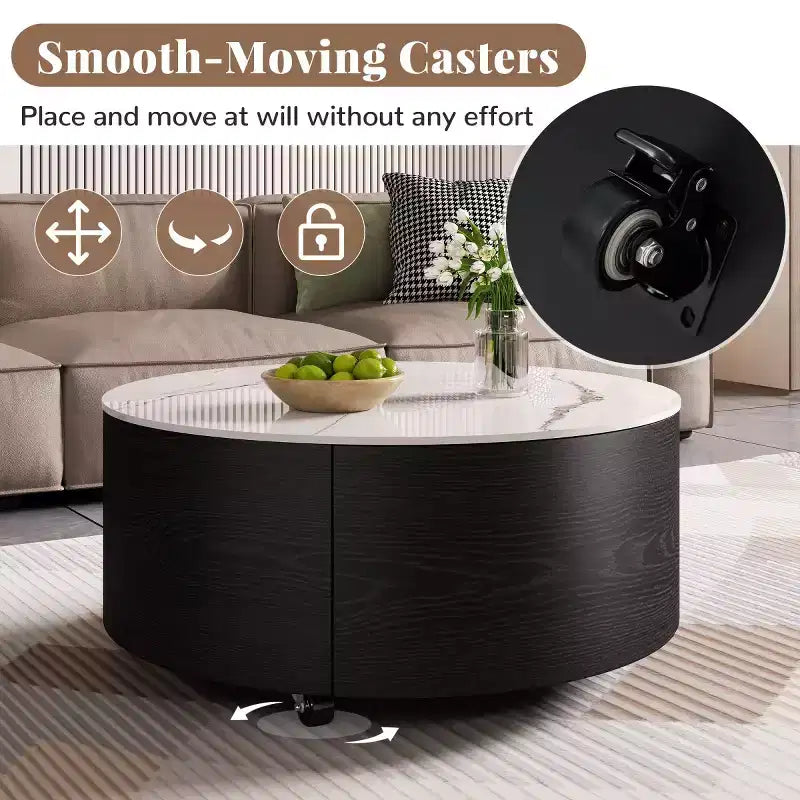 29.5 Modern Round Coffee Table with Storage Drawers and Hidden Casters, Sintered Stone Top Center Table for Living Room - Panipeachy