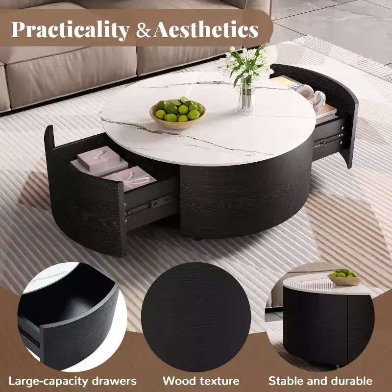 29.5 Modern Round Coffee Table with Storage Drawers and Hidden Casters, Sintered Stone Top Center Table for Living Room - Panipeachy