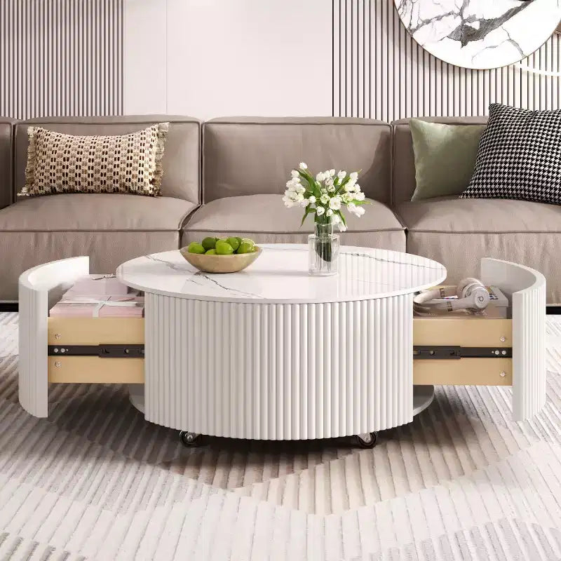 29.5 Modern Round Coffee Table with Storage Drawers and Hidden Casters, Sintered Stone Top Center Table for Living Room - Panipeachy