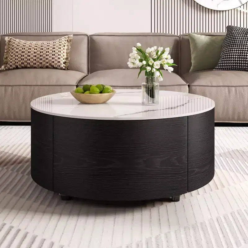 29.5 Modern Round Coffee Table with Storage Drawers and Hidden Casters, Sintered Stone Top Center Table for Living Room - Panipeachy