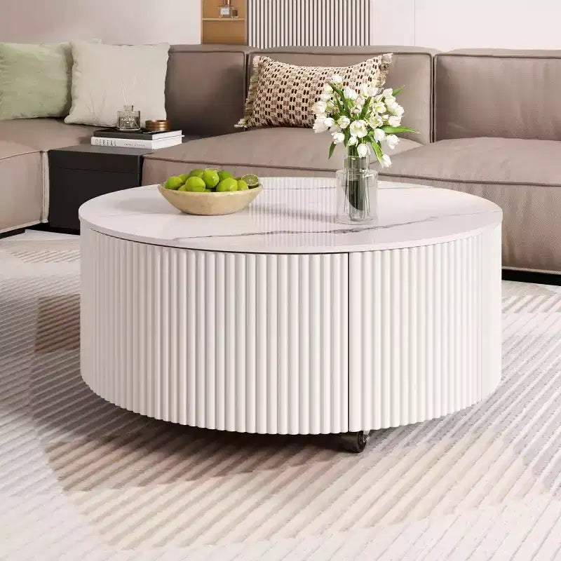 29.5 Modern Round Coffee Table with Storage Drawers and Hidden Casters, Sintered Stone Top Center Table for Living Room - Panipeachy