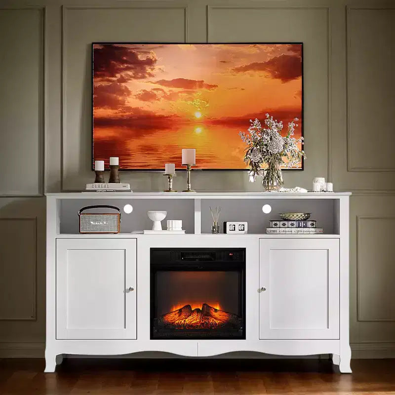 Farmhouse 58'' TV Stand For Tvs Up To 70'' With Electric Fireplace And Adjustable Shelves