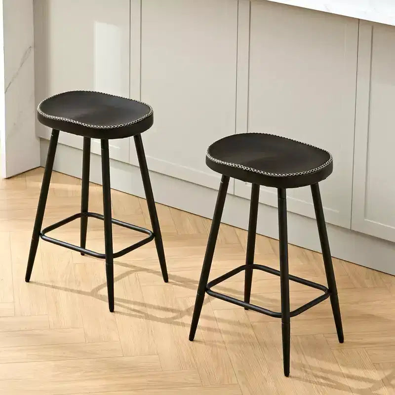 Bar Stools Set of 2, Modern 24 Counter Height Bar Stools, Black Faux Leather Backless Saddle Stools for Kitchen Island