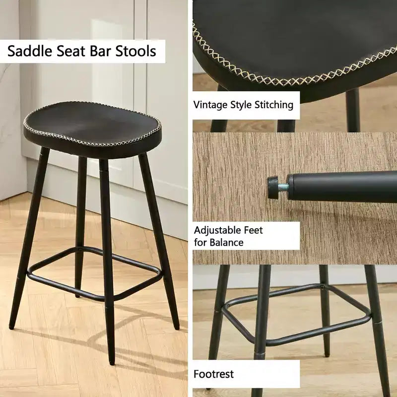 Bar Stools Set of 2, Modern 24 Counter Height Bar Stools, Black Faux Leather Backless Saddle Stools for Kitchen Island