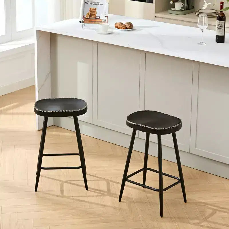 Bar Stools Set of 2, Modern 24 Counter Height Bar Stools, Black Faux Leather Backless Saddle Stools for Kitchen Island
