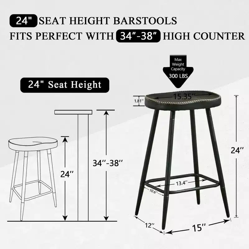Bar Stools Set of 2, Modern 24 Counter Height Bar Stools, Black Faux Leather Backless Saddle Stools for Kitchen Island