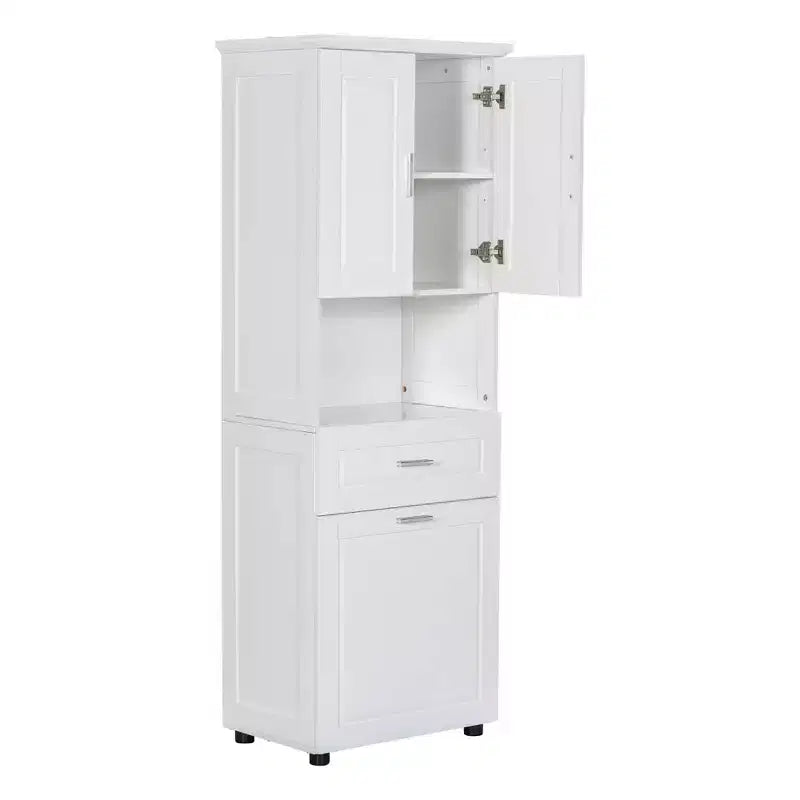 MAYEERTY Tall Bathroom Cabinet Laundry Basket Tilt-Out Hamper Upper Storage White