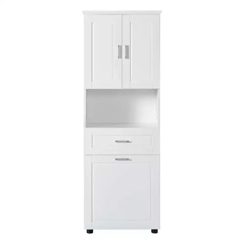MAYEERTY Tall Bathroom Cabinet Laundry Basket Tilt-Out Hamper Upper Storage White