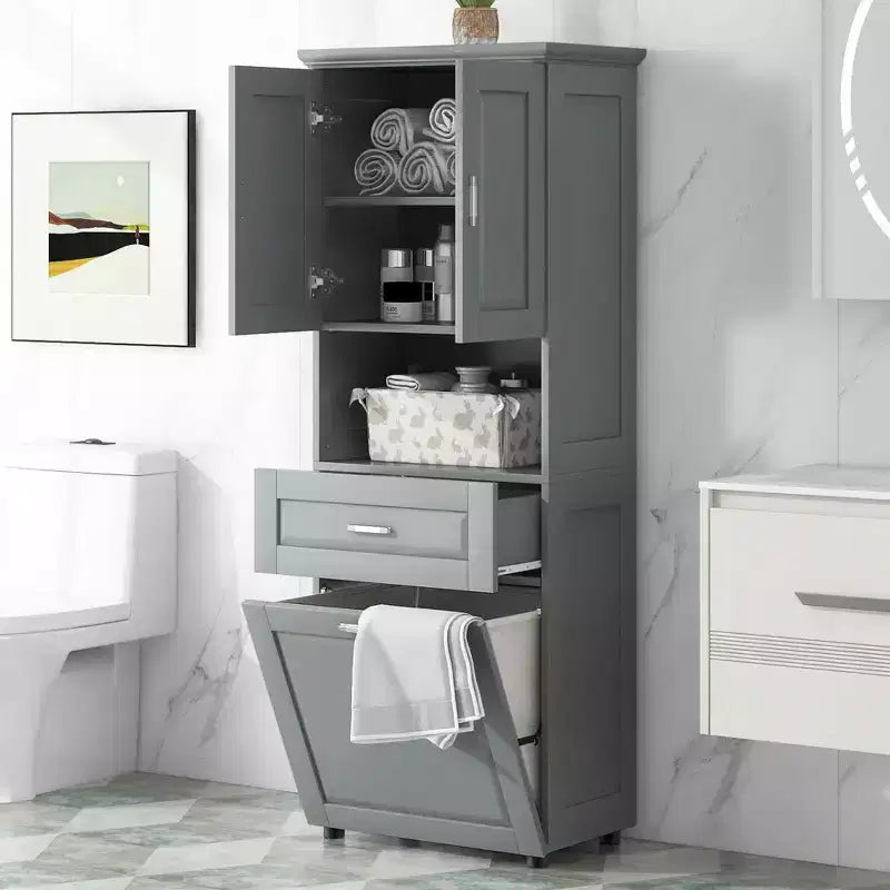 MAYEERTY Tall Bathroom Cabinet Laundry Basket Tilt-Out Hamper Upper Storage White