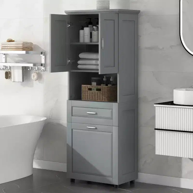 MAYEERTY Tall Bathroom Cabinet Laundry Basket Tilt-Out Hamper Upper Storage White
