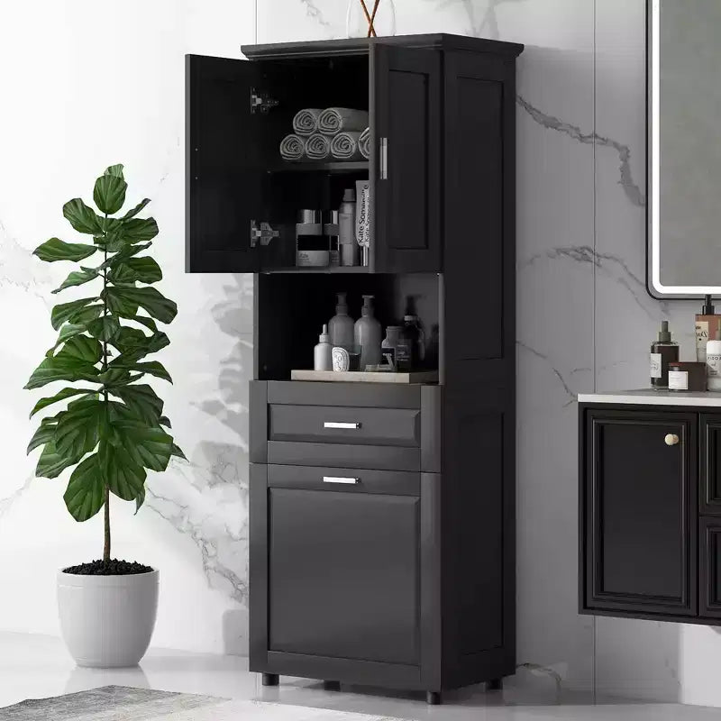 MAYEERTY Tall Bathroom Cabinet Laundry Basket Tilt-Out Hamper Upper Storage White