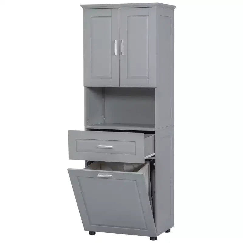 MAYEERTY Tall Bathroom Cabinet Laundry Basket Tilt-Out Hamper Upper Storage White