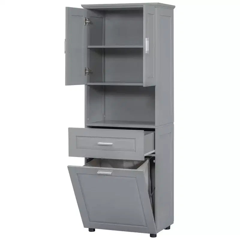 MAYEERTY Tall Bathroom Cabinet Laundry Basket Tilt-Out Hamper Upper Storage White