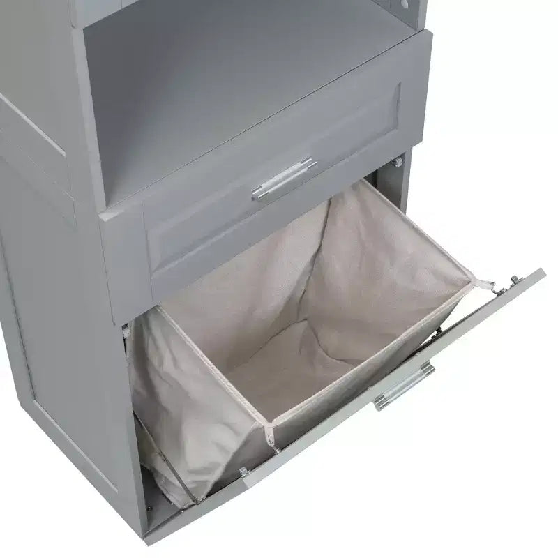 MAYEERTY Tall Bathroom Cabinet Laundry Basket Tilt-Out Hamper Upper Storage White