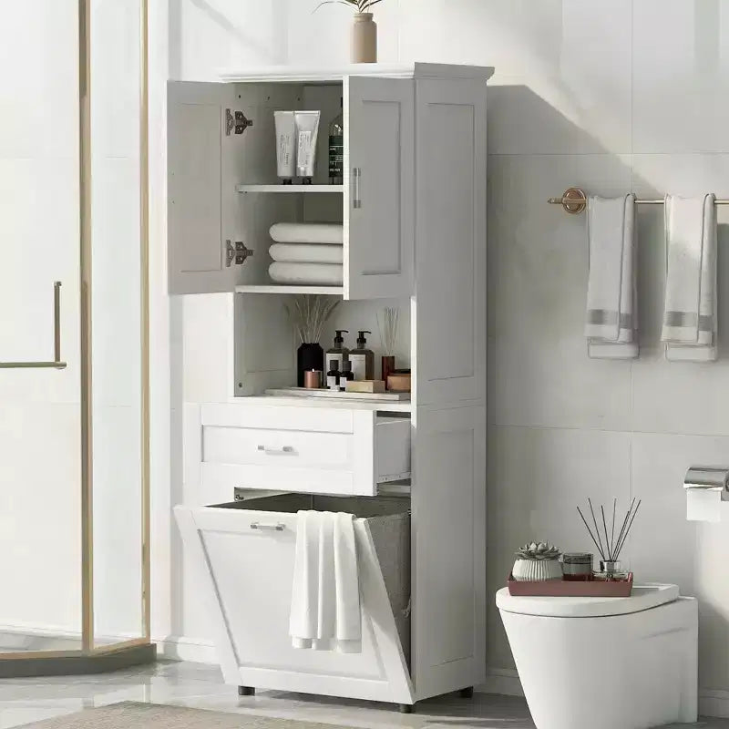 MAYEERTY Tall Bathroom Cabinet Laundry Basket Tilt-Out Hamper Upper Storage White