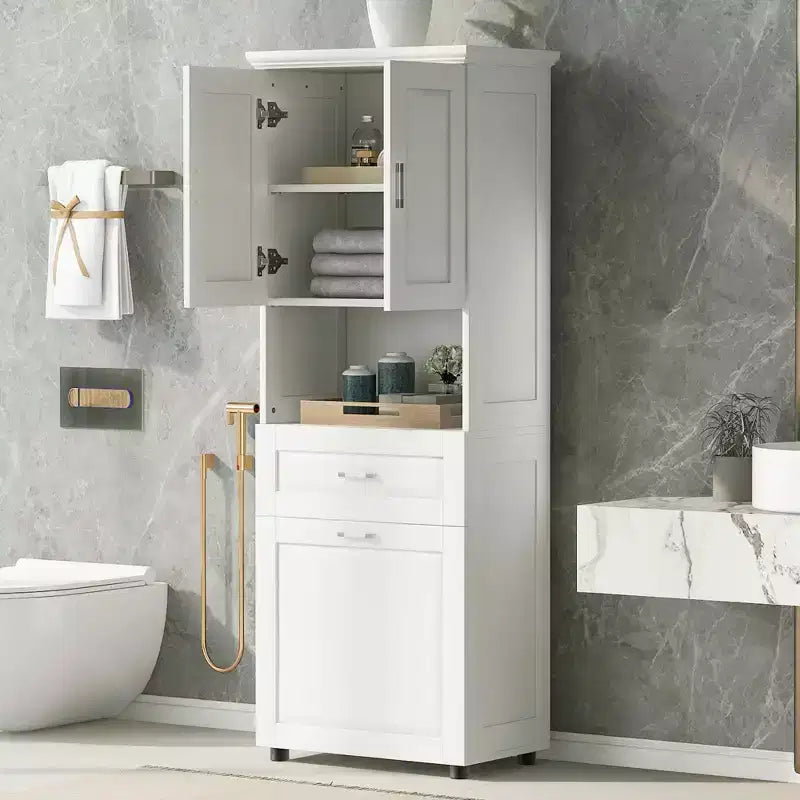MAYEERTY Tall Bathroom Cabinet Laundry Basket Tilt-Out Hamper Upper Storage White