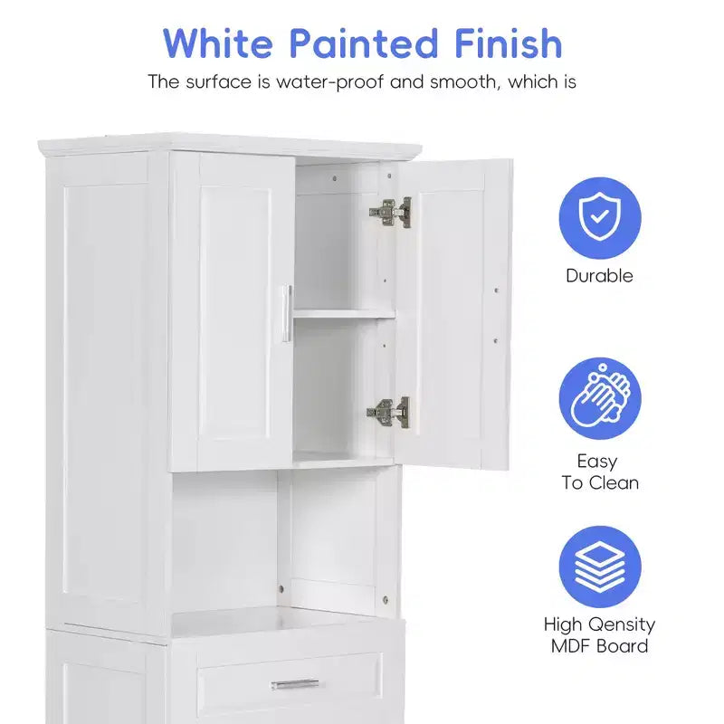 MAYEERTY Tall Bathroom Cabinet Laundry Basket Tilt-Out Hamper Upper Storage White