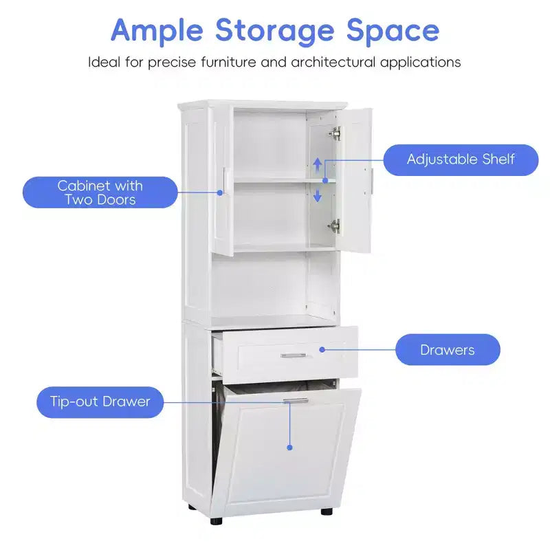 MAYEERTY Tall Bathroom Cabinet Laundry Basket Tilt-Out Hamper Upper Storage White