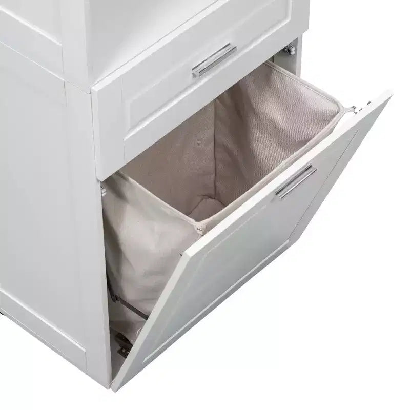 MAYEERTY Tall Bathroom Cabinet Laundry Basket Tilt-Out Hamper Upper Storage White
