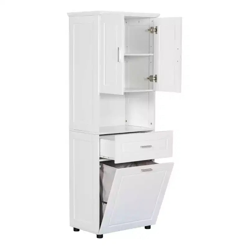 MAYEERTY Tall Bathroom Cabinet Laundry Basket Tilt-Out Hamper Upper Storage White