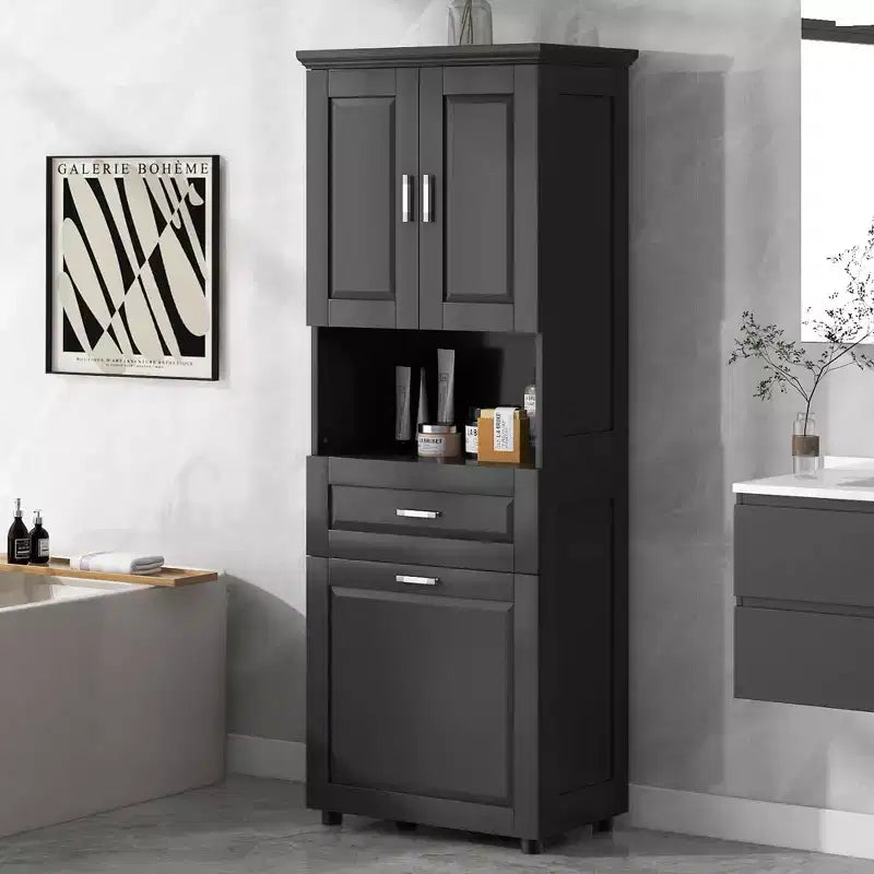 MAYEERTY Tall Bathroom Cabinet Laundry Basket Tilt-Out Hamper Upper Storage White
