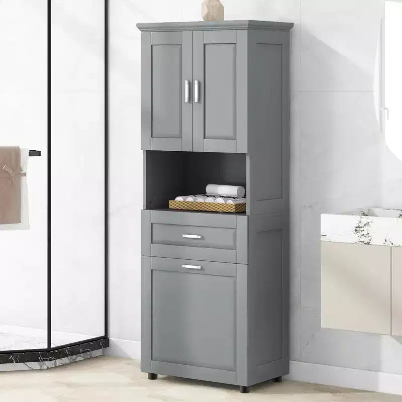 MAYEERTY Tall Bathroom Cabinet Laundry Basket Tilt-Out Hamper Upper Storage White