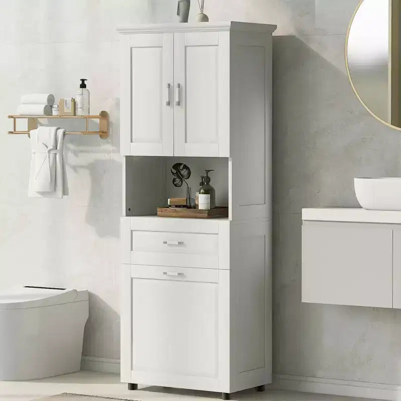 MAYEERTY Tall Bathroom Cabinet Laundry Basket Tilt-Out Hamper Upper Storage White