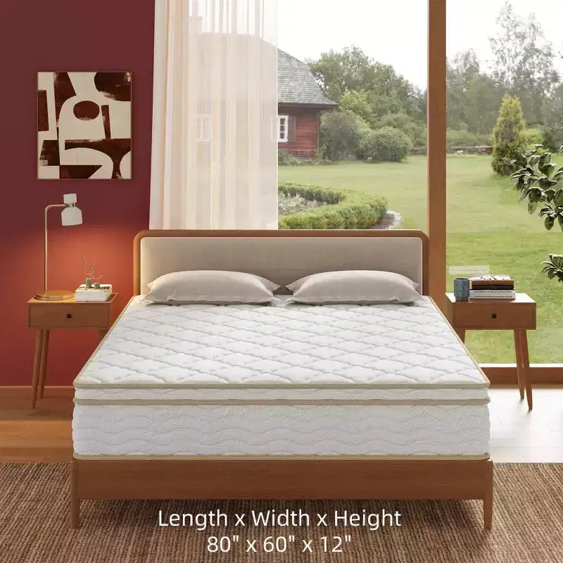 Whisen 12 Queen Hybrid Mattress, Motion Isolation Mattress, Memory Foam Mattress, Pocket Innerspring, Quilted Cover - White