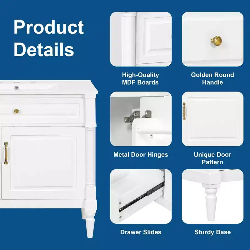 MAYEERTY 24 Bathroom Vanity with Sink Solid Wood MDF 2 Drawers 1 Door Adjustable Shelf Black