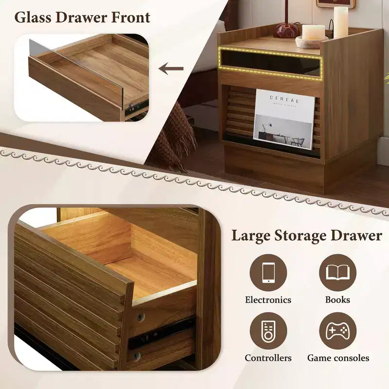 Zeus & Ruta Mid Century Modern Nightstand with Charging Station, 2 Drawers for Bedroom/Living Room