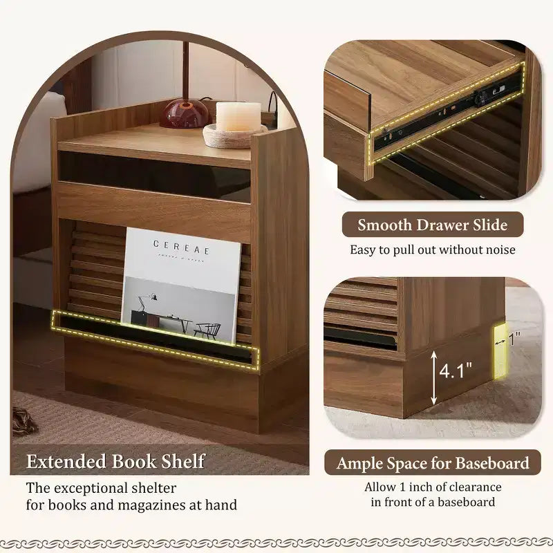 Zeus & Ruta Mid Century Modern Nightstand with Charging Station, 2 Drawers for Bedroom/Living Room