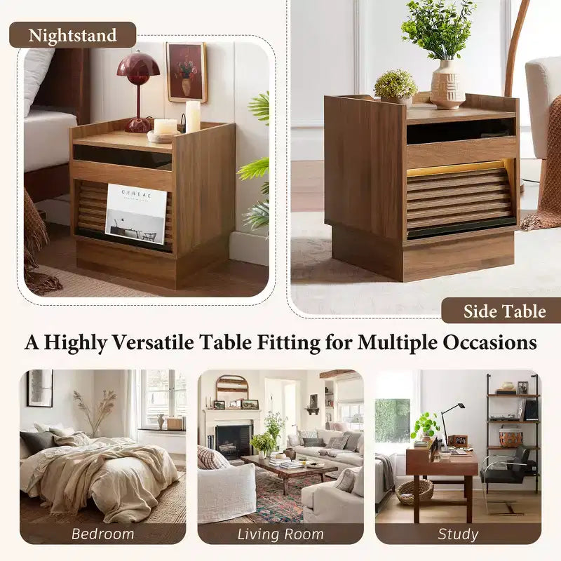 Zeus & Ruta Mid Century Modern Nightstand with Charging Station, 2 Drawers for Bedroom/Living Room