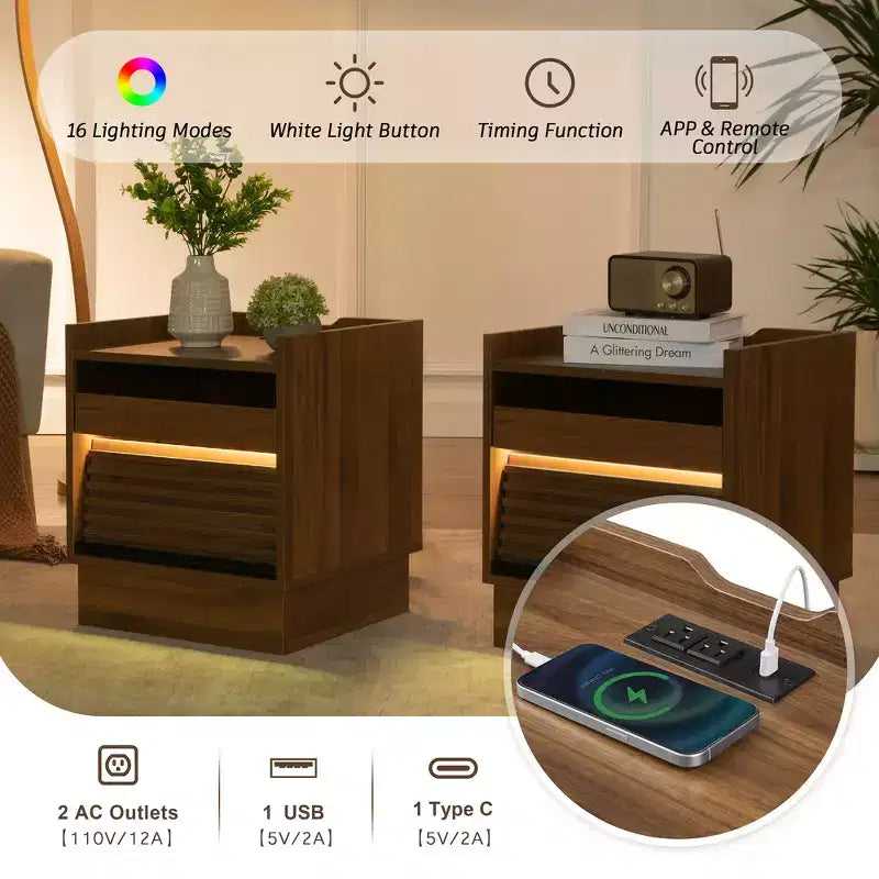Zeus & Ruta Mid Century Modern Nightstand with Charging Station, 2 Drawers for Bedroom/Living Room