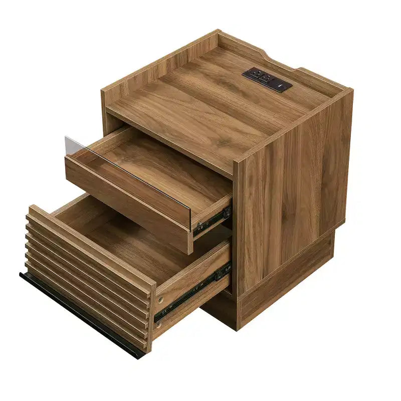 Zeus & Ruta Mid Century Modern Nightstand with Charging Station, 2 Drawers for Bedroom/Living Room