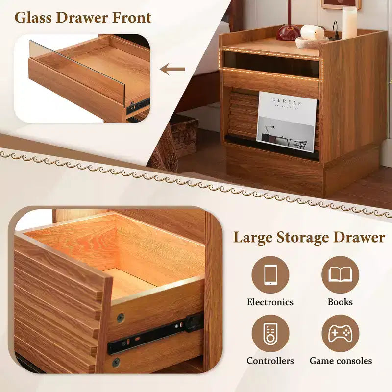 Zeus & Ruta Mid Century Modern Nightstand with Charging Station, 2 Drawers for Bedroom/Living Room