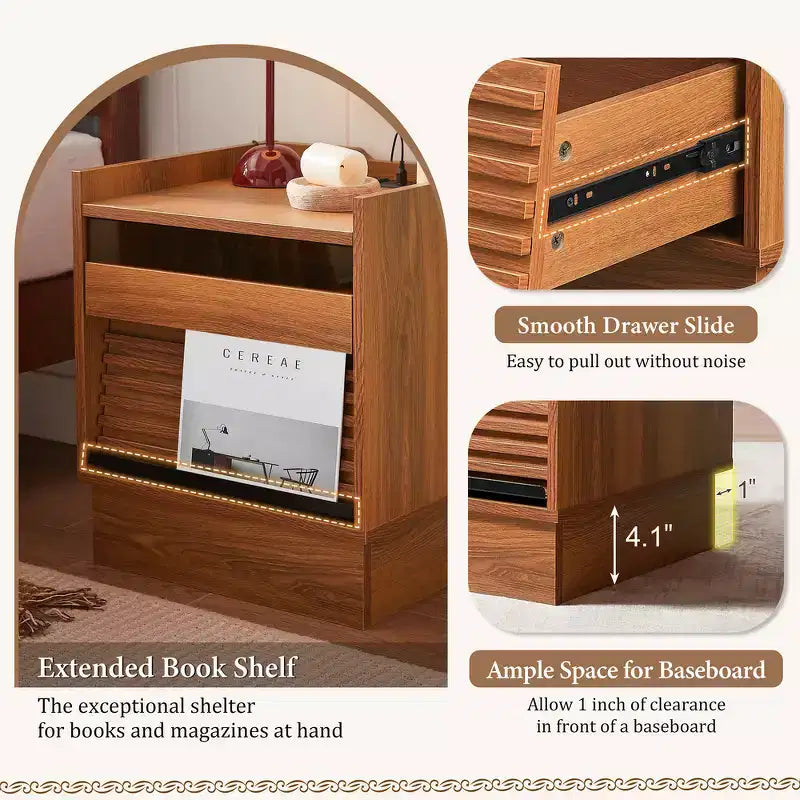 Zeus & Ruta Mid Century Modern Nightstand with Charging Station, 2 Drawers for Bedroom/Living Room