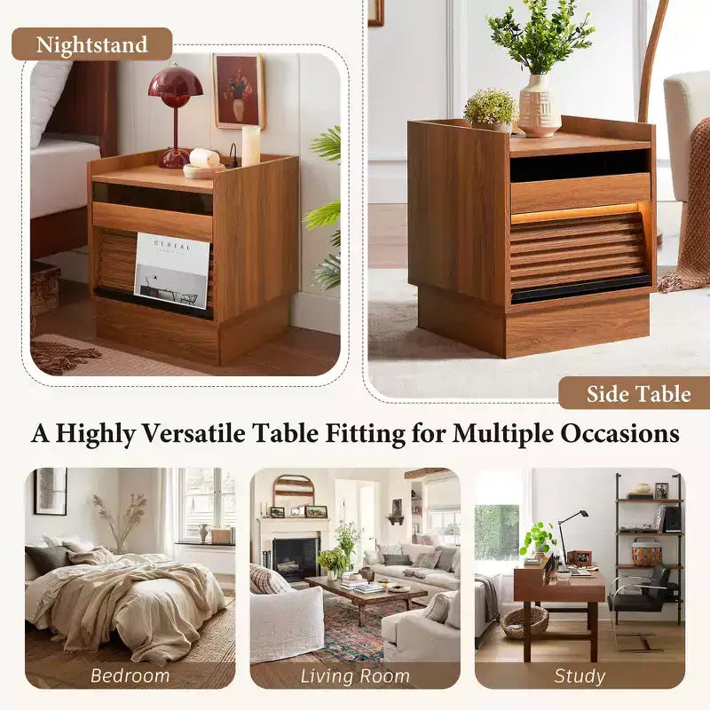 Zeus & Ruta Mid Century Modern Nightstand with Charging Station, 2 Drawers for Bedroom/Living Room