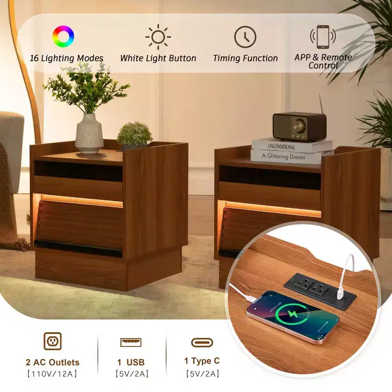 Zeus & Ruta Mid Century Modern Nightstand with Charging Station, 2 Drawers for Bedroom/Living Room