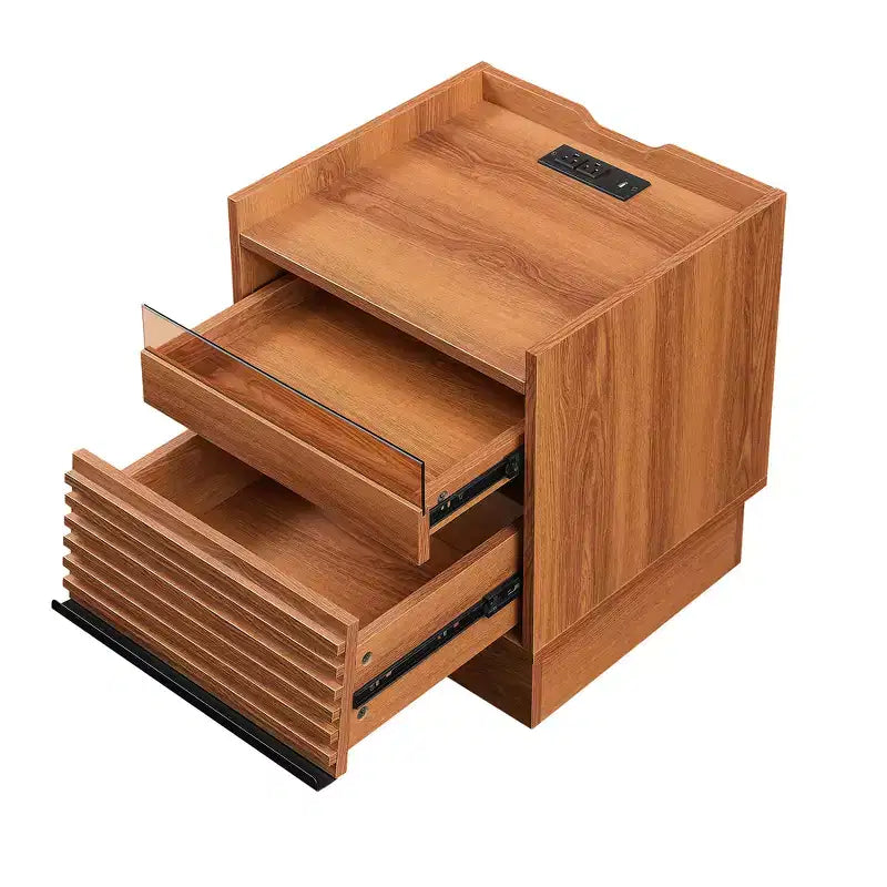 Zeus & Ruta Mid Century Modern Nightstand with Charging Station, 2 Drawers for Bedroom/Living Room