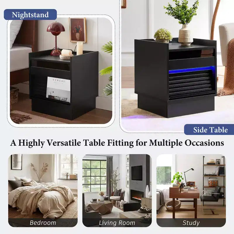 Zeus & Ruta Mid Century Modern Nightstand with Charging Station, 2 Drawers for Bedroom/Living Room