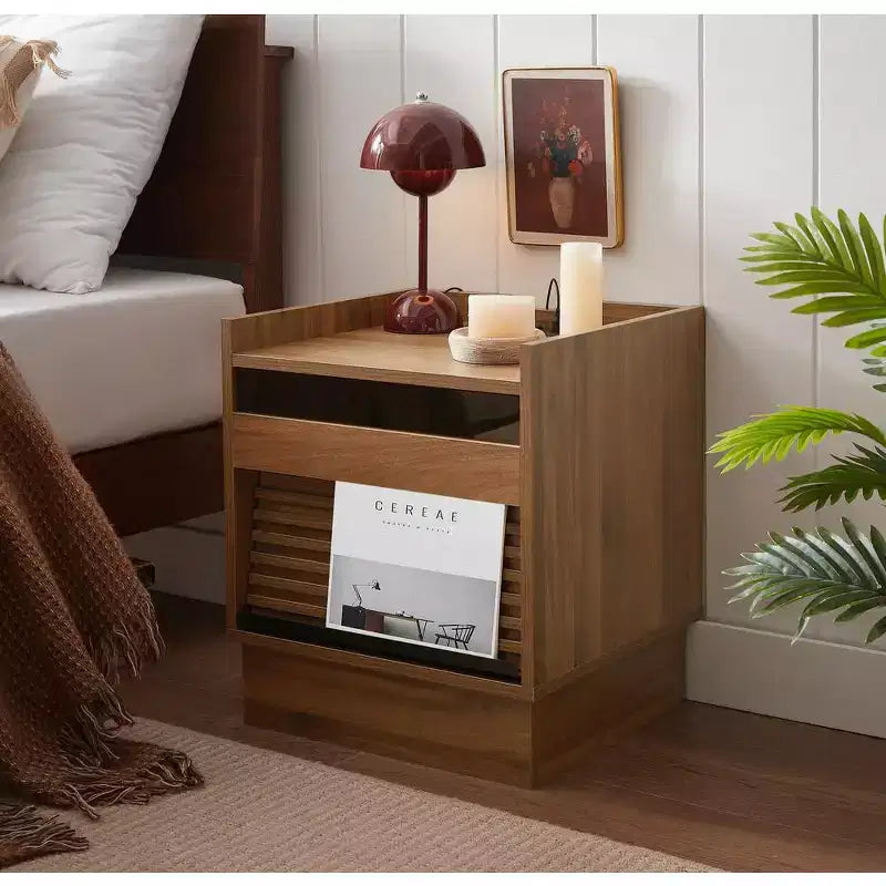 Zeus & Ruta Mid Century Modern Nightstand with Charging Station, 2 Drawers for Bedroom/Living Room
