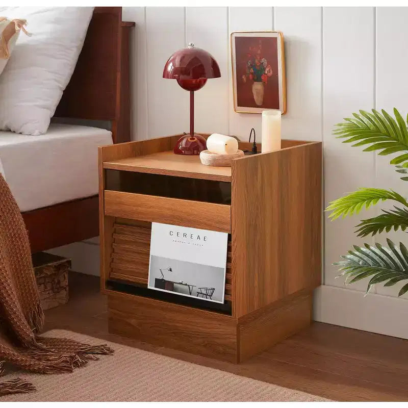 Zeus & Ruta Mid Century Modern Nightstand with Charging Station, 2 Drawers for Bedroom/Living Room